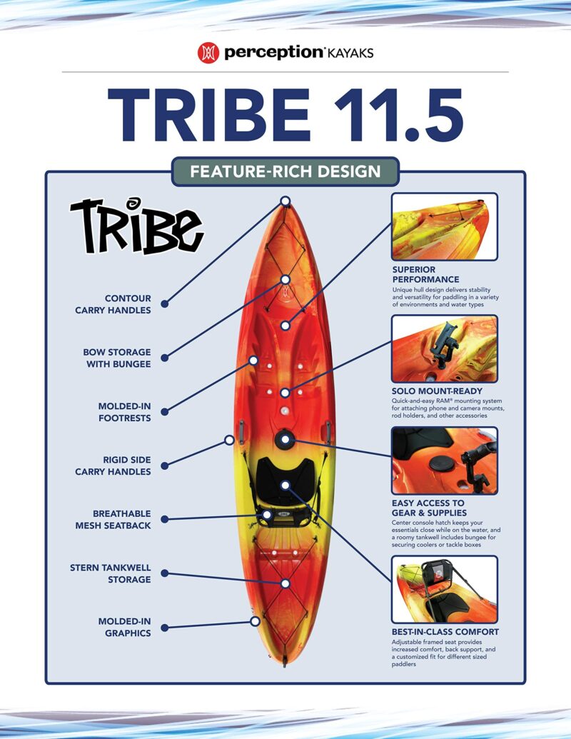 Perception Tribe 11.5′ Sit-On-Top Recreational Kayak – Adjustable Framed Seat & Ample Front/Rear Storage (Dapper) - Image 13